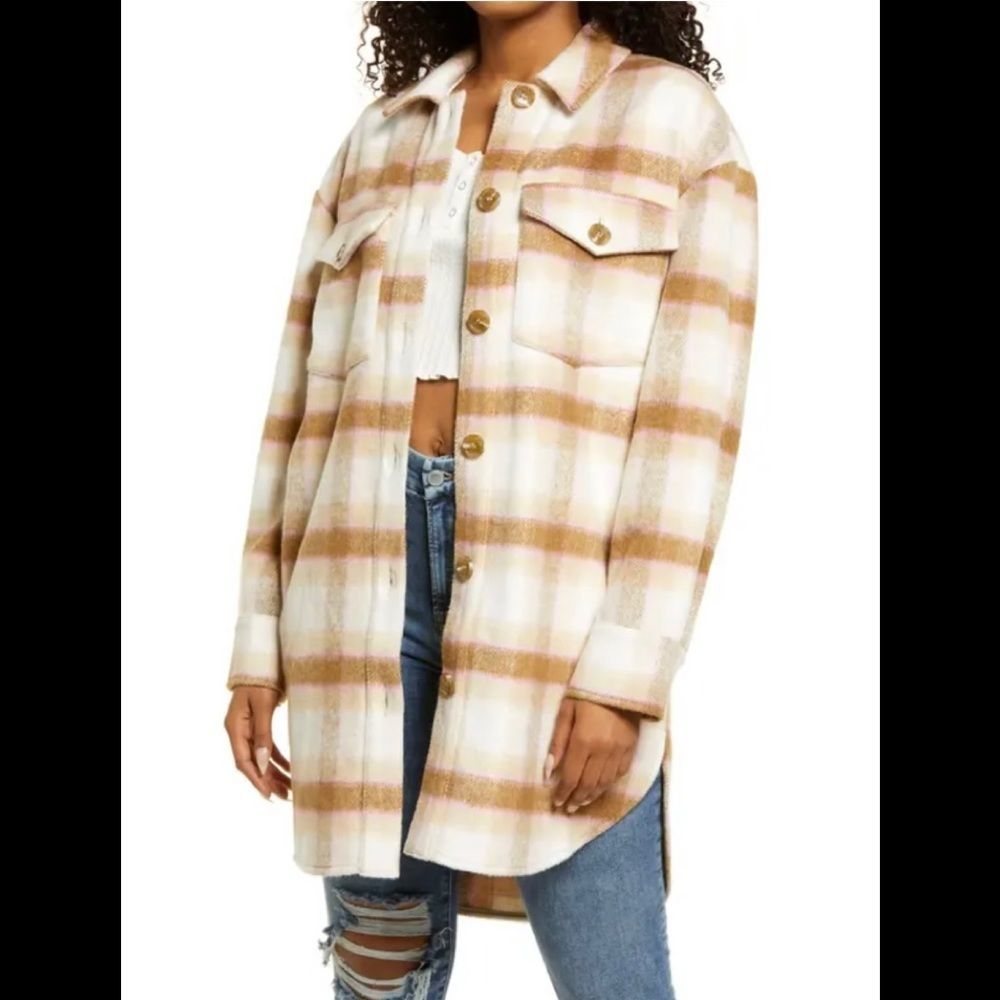 BP. Brushed Oversize Shirt Jacket In Ivory Abby Lg Plaid